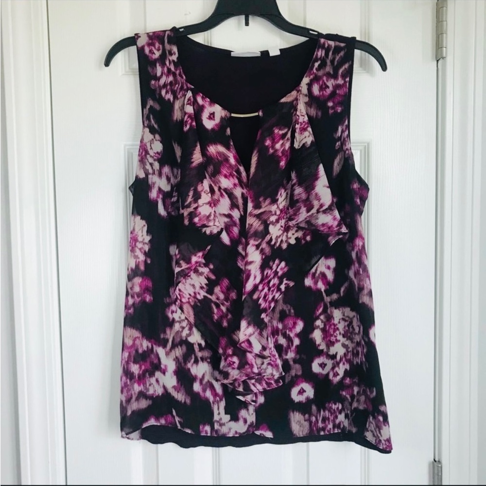 NY&Co Floral Sleeveless Keyhole Neck Ruffle Blouse Purple